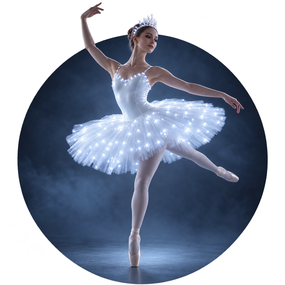 Ballerina in an illuminated white tutu and tiara balancing on pointe against a blue backdrop