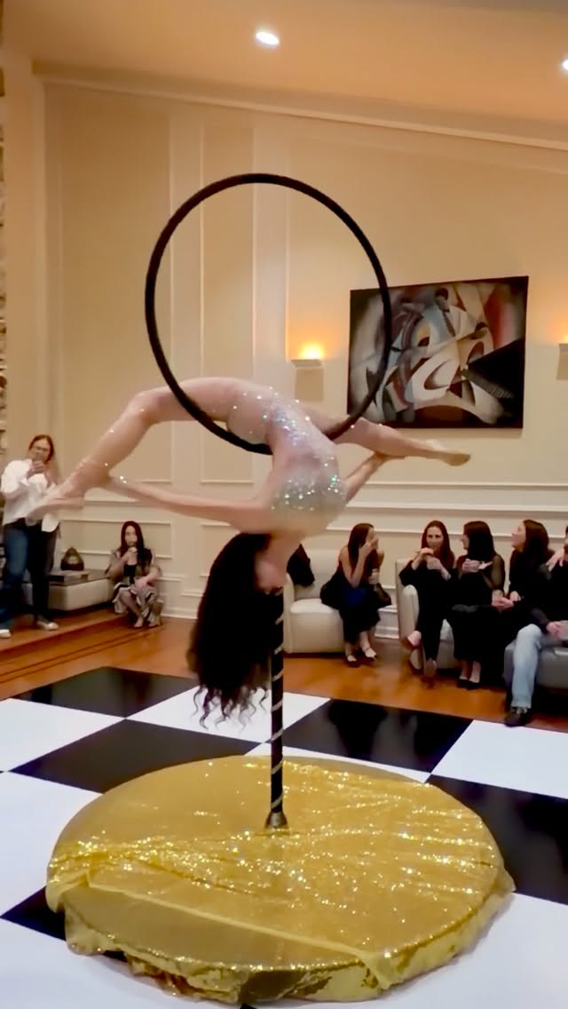 Performer on a freestanding aerial hoop in front of seated guests